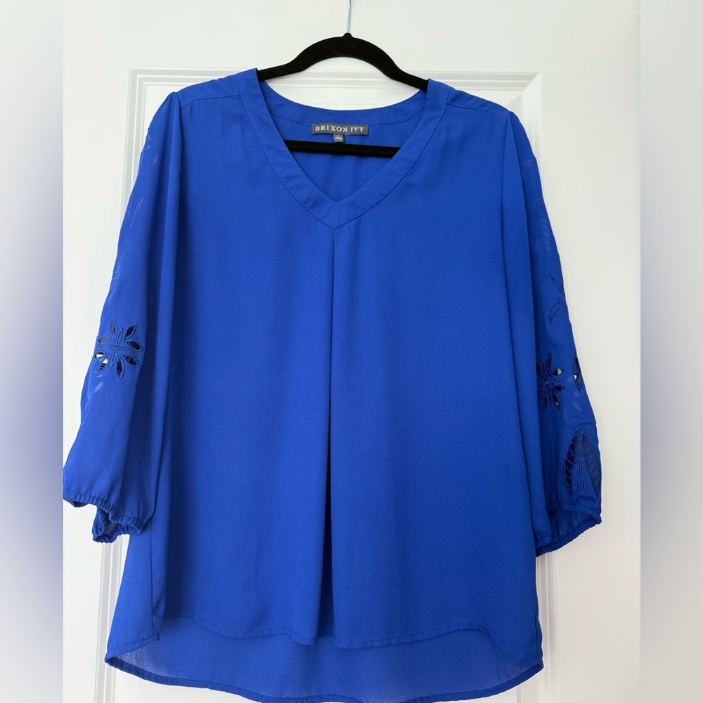 Brixon Ivy Women's Cobalt Blue V-Neck Blouse with Eyelet Sleeve